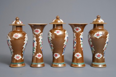 A Chinese capucin ground famille rose five-piece garniture with floral design, Qianlong