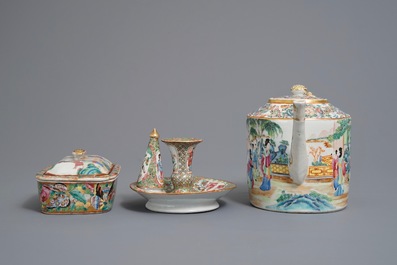 A Chinese Canton famille rose teapot, a candle holder and box and cover, 19th C.
