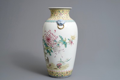 A Chinese famille rose 'quails' vase, sealmark, 20th C.
