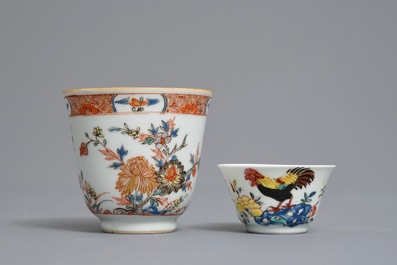 Two Chinese famille rose and verte-Imari cups and saucers, Kangxi/Qianlong