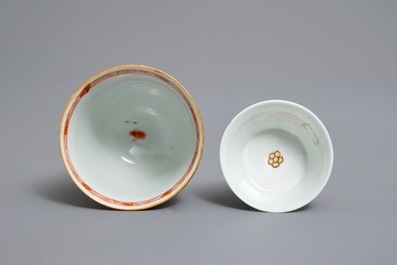Two Chinese famille rose and verte-Imari cups and saucers, Kangxi/Qianlong