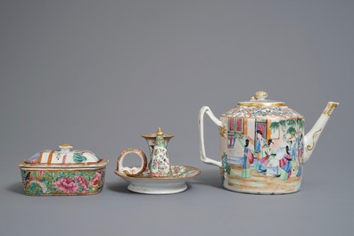 A Chinese Canton famille rose teapot, a candle holder and box and cover, 19th C.
