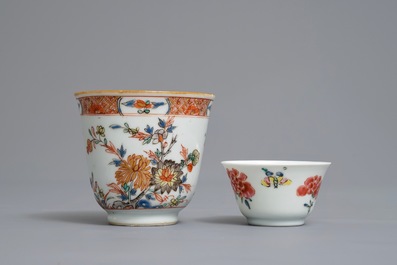Two Chinese famille rose and verte-Imari cups and saucers, Kangxi/Qianlong