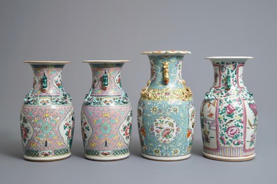 Two Chinese famille rose vases and a pair of Straits or Peranakan vases, 19th C.
