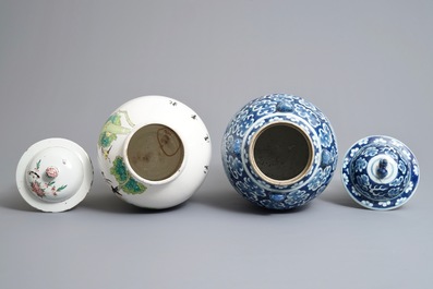 Two Chinese blue and white and famille rose vases and covers, 19/20th C.