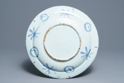 A Dutch Delft blue and white kraak-style chinoiserie dish, 17/18th C.