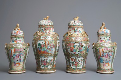 Twee paar Chinese Canton famille rose dekselvazen, 19e eeuw