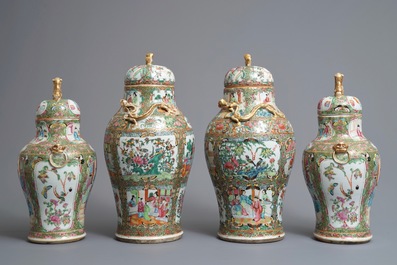 Twee paar Chinese Canton famille rose dekselvazen, 19e eeuw