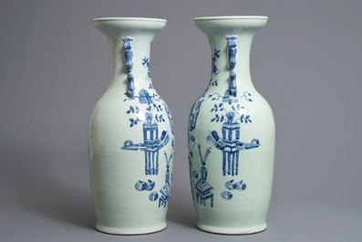 A pair of Chinese blue and white on celadon ground vases, 19/20th C.