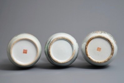 Three Chinese famille rose and qianjiang cai vases, 19/20th C.