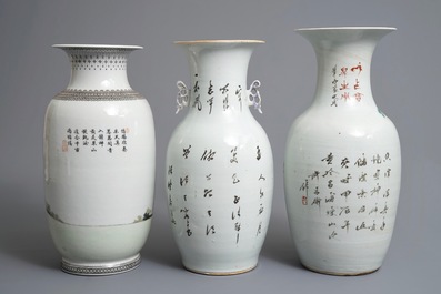 Three Chinese famille rose and qianjiang cai vases, 19/20th C.