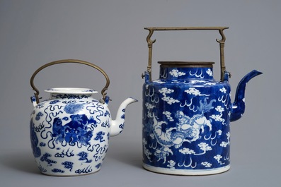 Two large Chinese blue and white Bencharong style teapots for the Thai market, 19th C.