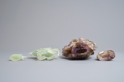 Deux bols et deux vases couverts en jade et am&eacute;thyste, 20&egrave;me