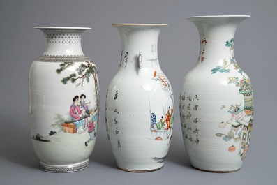 Three Chinese famille rose and qianjiang cai vases, 19/20th C.