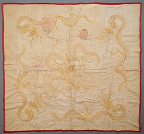 A Vietnamese embroidered red ground silk panel with dragons, 19th C.