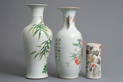 Two Chinese famille rose vases and a qianjiang cai hat stand, 19/20th C.