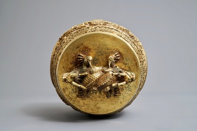 A Chinese gilt bronze bell in zitan suspension frame, Qianlong mark, 18/19th C.