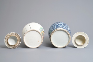 Two Chinese blue and white and famille rose vases and covers, 19/20th C.
