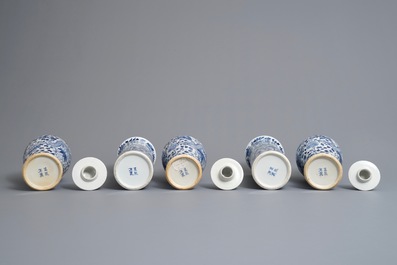 A Chinese blue and white five-piece garniture with dragons, Kangxi marks, 19th C.