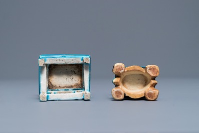A Chinese turquoise and aubergine-glazed miniature vase on stand and a table, Kangxi