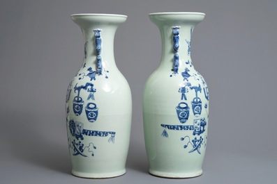 A pair of Chinese blue and white on celadon ground vases, 19/20th C.