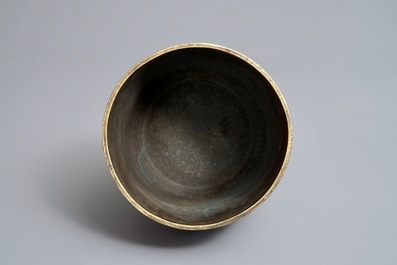A Chinese gilt bronze bell in zitan suspension frame, Qianlong mark, 18/19th C.