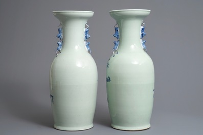 A pair of Chinese blue and white on celadon ground vases, 19/20th C.