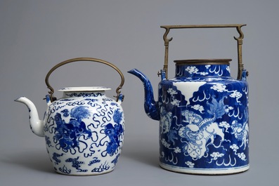 Two large Chinese blue and white Bencharong style teapots for the Thai market, 19th C.