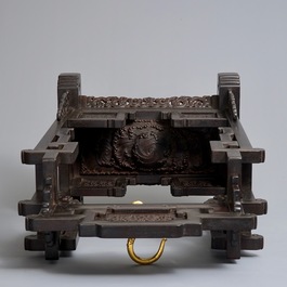 A Chinese gilt bronze bell in zitan suspension frame, Qianlong mark, 18/19th C.