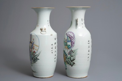 Two Chinese famille rose vases with figures in a garden, 19/20th C.
