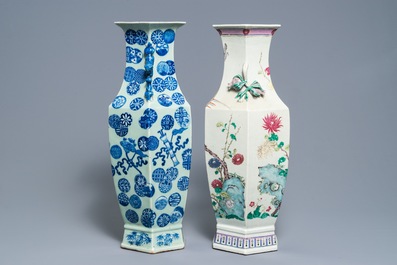Two Chinese famille rose and blue and white on celadon ground vases, 19th C.