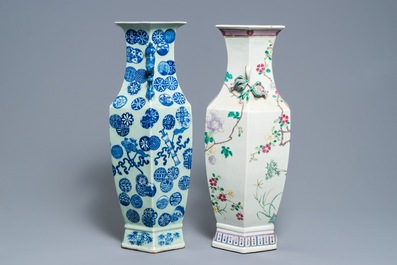 Two Chinese famille rose and blue and white on celadon ground vases, 19th C.