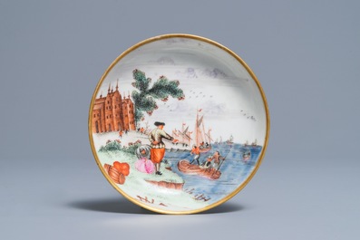A Chinese famille rose Meissen style 'Peter the Great' cup and saucer, Qianlong
