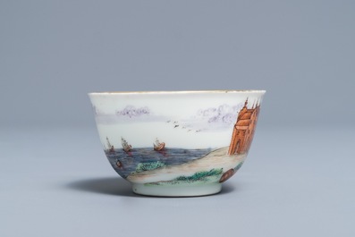 A Chinese famille rose Meissen style 'Peter the Great' cup and saucer, Qianlong