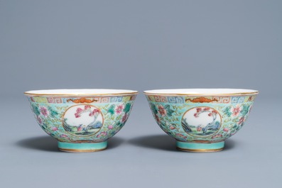 A pair of Chinese famille rose turquoise ground bowls, Republic, 20th C.