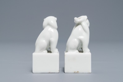 A pair of Chinese Dehua blanc de Chine seals with lions, impressed sealmarks, Kangxi