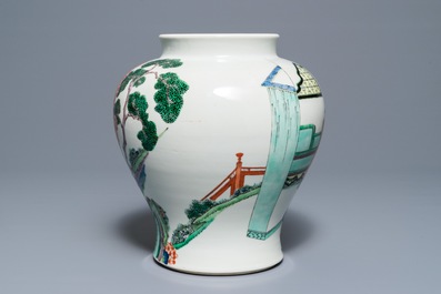 A Chinese famille verte vase with figures in a temple, Kangxi mark, 19th C.