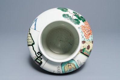 A Chinese famille verte vase with figures in a temple, Kangxi mark, 19th C.