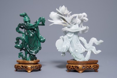 Un vase en jade sculpt&eacute; et cinq figures en pierre sculpt&eacute;e, Chine, 19/20&egrave;me