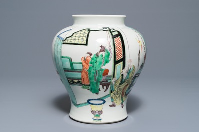 A Chinese famille verte vase with figures in a temple, Kangxi mark, 19th C.