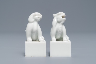 A pair of Chinese Dehua blanc de Chine seals with lions, impressed sealmarks, Kangxi