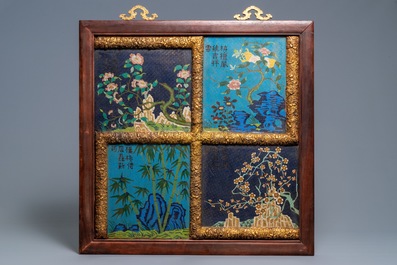 A pair of Chinese cloisonn&eacute; and gilt bronze inscribed panels, 19/20th C.
