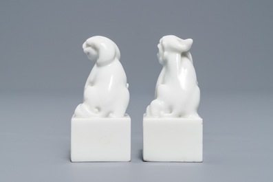 A pair of Chinese Dehua blanc de Chine seals with lions, impressed sealmarks, Kangxi