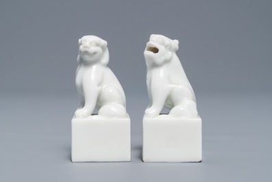 A pair of Chinese Dehua blanc de Chine seals with lions, impressed sealmarks, Kangxi