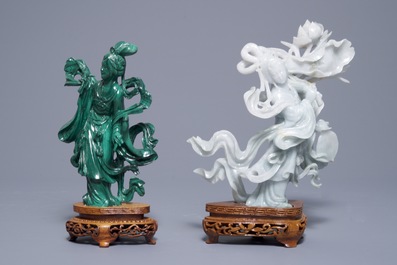 Un vase en jade sculpt&eacute; et cinq figures en pierre sculpt&eacute;e, Chine, 19/20&egrave;me