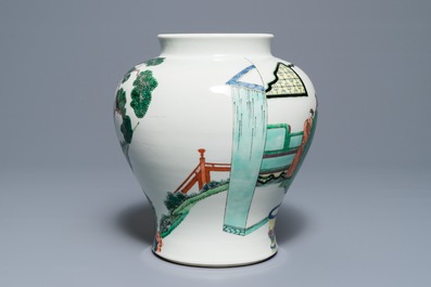 A Chinese famille verte vase with figures in a temple, Kangxi mark, 19th C.