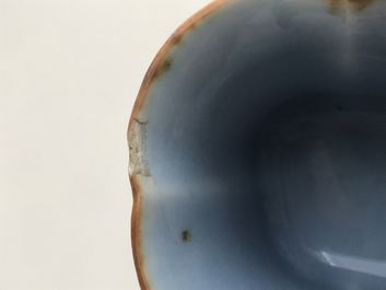 A Chinese underglaze red and blue on clair de lune ground libation cup, Qianlong mark, 18/19th C.