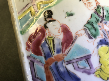A square Chinese famille rose brush pot on wooden stand, Yongzheng/Qianlong