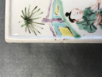 A square Chinese famille rose brush pot on wooden stand, Yongzheng/Qianlong