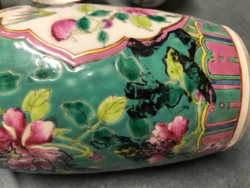 A Chinese Peranakan or Straits market famille rose vase and three bowls, 19th C.